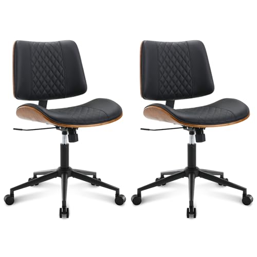 Home Office Chair No Arms with Wheels, Mid Back Walnut Style,Black-2 | Adjustable Height Small Desk Chair, PU Leather Mid Back 360 Swivel Computer Seating, Armless Walnut Office Chair, 300LBS - color: Black, size: MCM Style-2Pack