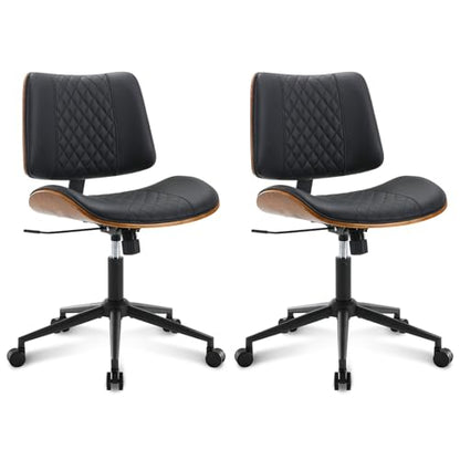 Home Office Chair No Arms with Wheels, Mid Back Walnut Style,Black-2 | Adjustable Height Small Desk Chair, PU Leather Mid Back 360 Swivel Computer Seating, Armless Walnut Office Chair, 300LBS - color: Black, size: MCM Style-2Pack