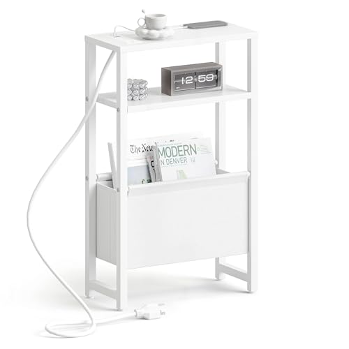 Narrow Side Table with Charging Station Slim End Table Sofa with Magazine Rack, Bedside Table for Small Spaces, 3 Tier Nightstand for Living Room Couch, Bedroom White LET503WE - color: White, style: With Charging Station