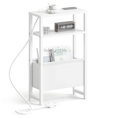 Narrow Side Table with Charging Station Slim End Table Sofa with Magazine Rack, Bedside Table for Small Spaces, 3 Tier Nightstand for Living Room Couch, Bedroom White LET503WE - color: White, style: With Charging Station