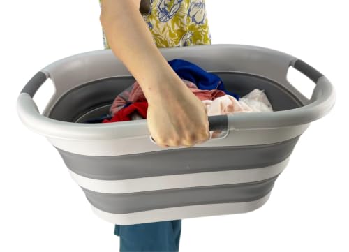 SAMMART 40L (10.5 gallon) Collapsible Plastic Laundry Hamper - Foldable Pop Up Storage Container/Organizer - Portable Washing Tub - Space Saving Basket (1, Grey/Dark Grey) - color: Grey/Dark Grey