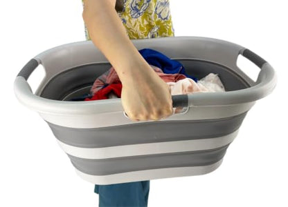 SAMMART 40L (10.5 gallon) Collapsible Plastic Laundry Hamper - Foldable Pop Up Storage Container/Organizer - Portable Washing Tub - Space Saving Basket (1, Grey/Dark Grey) - color: Grey/Dark Grey