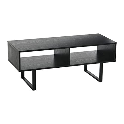 Household Essentials TV Stand Coffee Table with Rectangular Storage Compartments in Oak Wood Grain and Black Metal Frame, Black - color: Black
