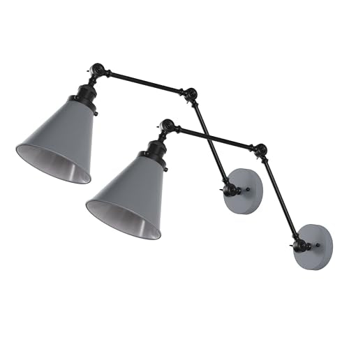 JONATHAN Y Rover 1-Light Wall Sconce 7", Gray/Black, Set of 2 | Adjustable Arm, Hardwired Bedside Reading Swing Arm, Farmhouse Cone Shade, Metal Hardwired Indoor Fixture, LED Bulbs Included - color: Gray/Black, size: Set of 2