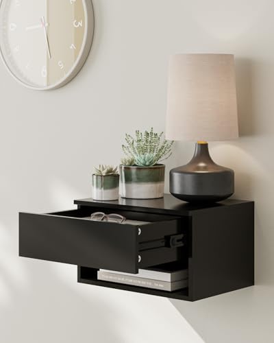 Modern Black Floating Nightstand with Drawer, Small Wall Mount Shelves | Small Space Saver, Modern Minimalist Design, Wall Mounted Shelves, for Bedroom, Bathroom, Living room, Easy Assembly, Black - color: Black