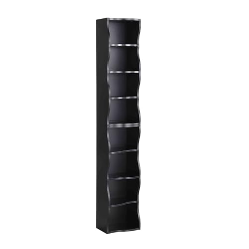 Tall Narrow Bookshelf, 8 Tiers Ultra Slim Bookbase, Skinny Tall Bookshelf, for Living Room, Office, Small Space, Adjustable Shelves, A Wavy Border Design, 11.6'' X 9.3'' X 70.9'' (Black) - color: Black