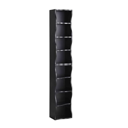 Tall Narrow Bookshelf, 8 Tiers Ultra Slim Bookbase, Skinny Tall Bookshelf, for Living Room, Office, Small Space, Adjustable Shelves, A Wavy Border Design, 11.6'' X 9.3'' X 70.9'' (Black) - color: Black
