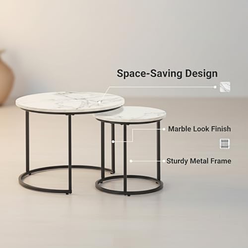 Round Nesting Coffee Table Set of 2, Stacking Minimalist End Table | Modern Marble Pattern Wooden Nesting Tables for Living Room Bedroom Small Space, White Top and Black Leg - color: White & Black