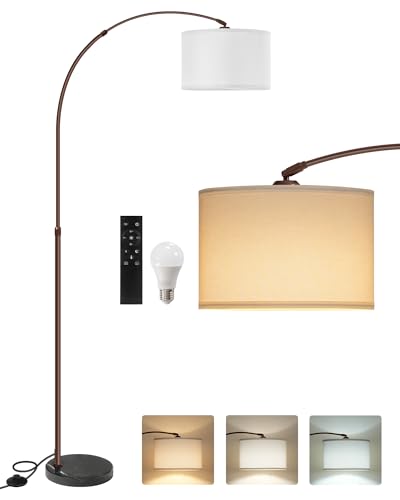 75" Arc Floor Lamp with Marble Base and Adjustable Height, Rotating Hanging Shade, Dimmable Floor Lamp for Living Room with Remote and Foot Switch, 3CCT, Over Couch Arched Light, White Brown VW15LD05 - color: Brown + White