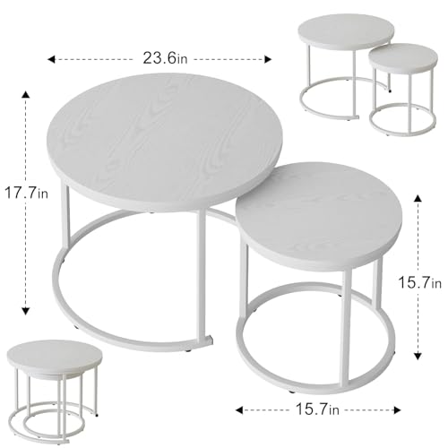 Nesting Coffee Table, 23.6" Round Coffee Table Set of 2, Wooden Nesting Table Set with Metal Frame, Side Tables for Living Room Bedroom Balcony, White - color: White