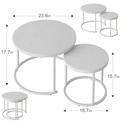 Nesting Coffee Table, 23.6" Round Coffee Table Set of 2, Wooden Nesting Table Set with Metal Frame, Side Tables for Living Room Bedroom Balcony, White - color: White