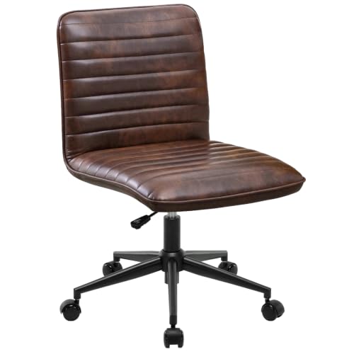 Furnimart Armless Swivel Rolling Desk Chair, Adjustable Faux Leather Vanity Chair with Gold Legs, Cute Task Chair with Wheels for Living Room Bedroom Studying Small Places(Dark Brown) - color: Dark Brown-faux Leather