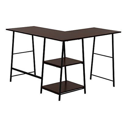 Computer Desk L-Shaped Corner Desk 48" 3-Tier Writing Desk with Storage Shelves, Espresso Laminate Top, Black Metal Sawhorse Legs, Space-Saving Home Office Laptop Workstation