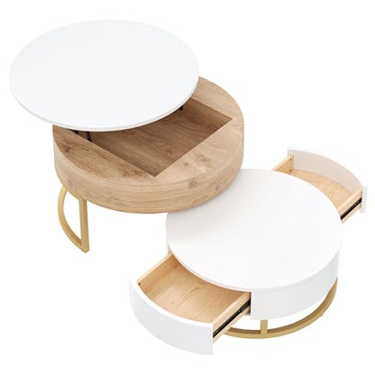 Modern Round Lift-top Nesting Coffee Tables with 2 Drawers for Living Room White & Natural - color: Oak Natural Wood + Antique White