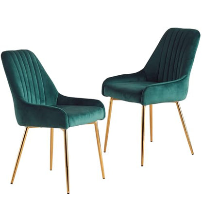 Green Velvet Dining Chairs Set of 2, Modern Kitchen and Vanity Chairs | Modern upholstered vanity chairs with gold metal legs, stain-resistant hand-quilted fabric, high-density foam cushion seat - color: Green, size: Set of 2