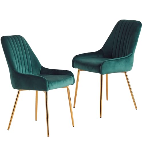 Green Velvet Dining Chairs Set of 2, Modern Kitchen and Vanity Chairs | Modern upholstered vanity chairs with gold metal legs, stain-resistant hand-quilted fabric, high-density foam cushion seat - color: Green, size: Set of 2