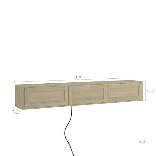 Floating TV Stand Wall Mounted with Led Lights & Power Outlets, Wooden Media Console for TVs Up to 70 Inch, Entertainment Center Television Table Cabinet for Living Room, Natural - color: Natural, size: 68.9" W x 10.6" H