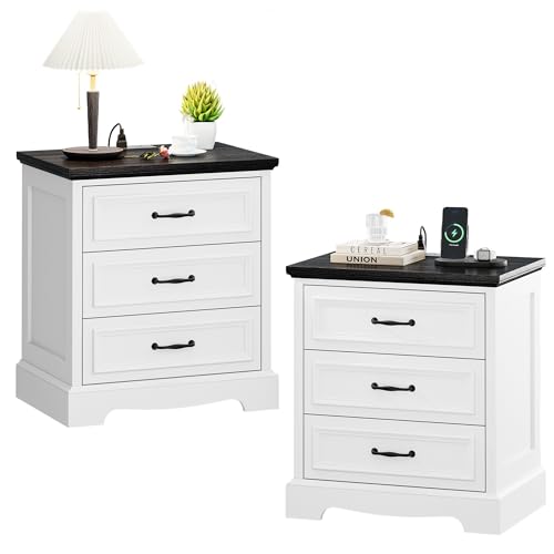 Farmhouse Nightstand Set of 2 with Charging Station & 3 Drawers, White | 21.7" W End Table for Bedroom, Wood Modern Bedside Cabinet for Living Room, Dresser for Small Place, 2pcs - color: White+ Black, size: 3 Drawers