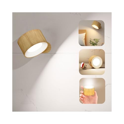 Deyagoo LED Wall Sconce, Rechargeable Wall Light with Remote-Wood | 3 Colors, Dimmable, Magnetic Rotating Head, 360 Degree Rotate - color: A-Wood