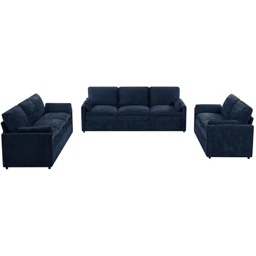 3 Pieces Chenille Sofa Set w/Two Arm Pillows, Blue | Upholstered Loveseat & 2 Pieces 3-Seater Sofa w/Soft Cushions, Modern 2-Seat & 3-Seat w/High-Density Foam for Living Room - color: Blue, size: 69" & 89" & 89" Sofa Set