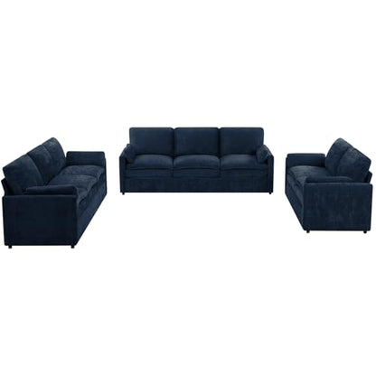 3 Pieces Chenille Sofa Set w/Two Arm Pillows, Blue | Upholstered Loveseat & 2 Pieces 3-Seater Sofa w/Soft Cushions, Modern 2-Seat & 3-Seat w/High-Density Foam for Living Room - color: Blue, size: 69" & 89" & 89" Sofa Set
