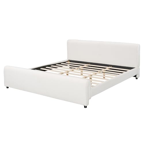 Merax King Size Luxury Bouclé Upholstered Bed Frame, White | Modern Curved Platform Bed with Rounded Headboard & Footboard, No Box Spring Needed, Solid Wood Slats Support, Easy Assembly - size: King