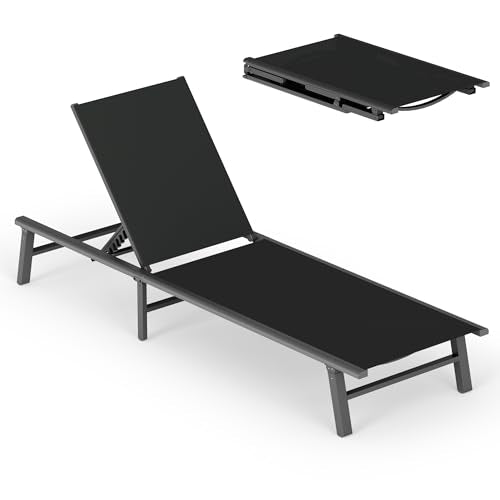 Foldable Outdoor Lounge Chair, No Assembly Patio Chaise Lounge Outdoor with 5-Positions, Aluminum Pool Lounge Chair with Portable Design for Pool, Beach, Deck, Backyard, Black - color: Black-upgraded, size: 1 Pack