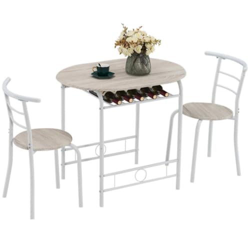 VINGLI 3 Piece Dining Set,Small Kitchen Table Set for 2,Breakfast Table Set,Kitchen Wooden Table and 2 Chairs for Small Space/Dining Room/Apartment,Metal Frame,Wine Rack,White&Light Oak - color: White&light Oak