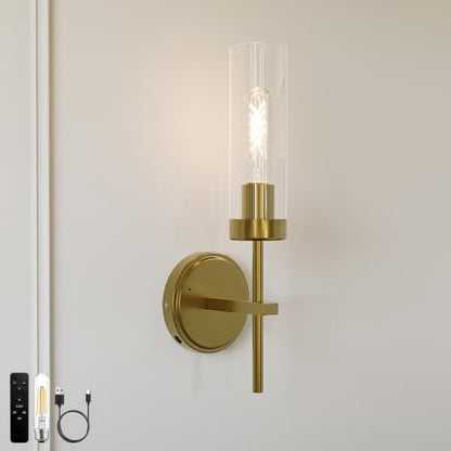 Gold Battery Operated Wall Sconce, Wireless Wall Sconces with Remote Control, Rechargeable 3000K Dimmable Wall Light for Bedroom Living Room Bathroom Hallway Entryway Stairwell - color: Gold, size: 1 Pack