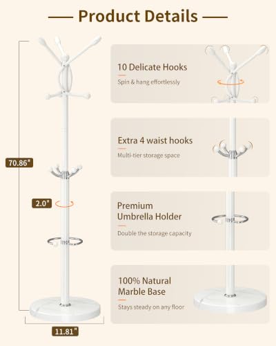 Metal Coat Rack, Modern Coat Rack Stand, Heavy Duty Coat Tree Stand | Coat Rack Freestanding with Natural Marble Base, Coat Racks, White Clothes Tree Hanger Stand with 10 Hooks & Umbrella Holder - color: White-10Hooks