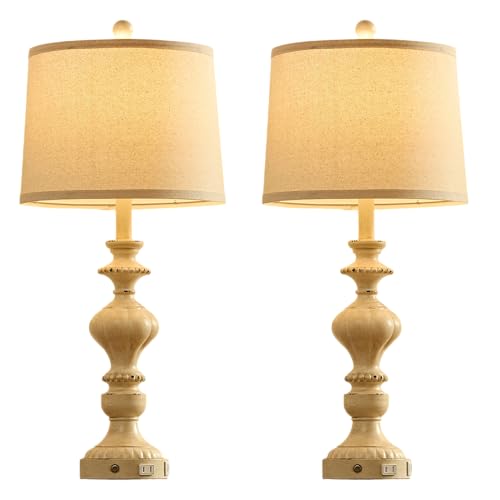 SAIWEYA 27.5" Farmhouse Table Lamps Set of 2, 3 Way Dimmable Touch Lamps | Touch Control, Dimmable, USB C+A Ports & AC Outlet, Bulbs Included, Bedside Nightstand Lamp for Living Room, Bedroom - color: Beige