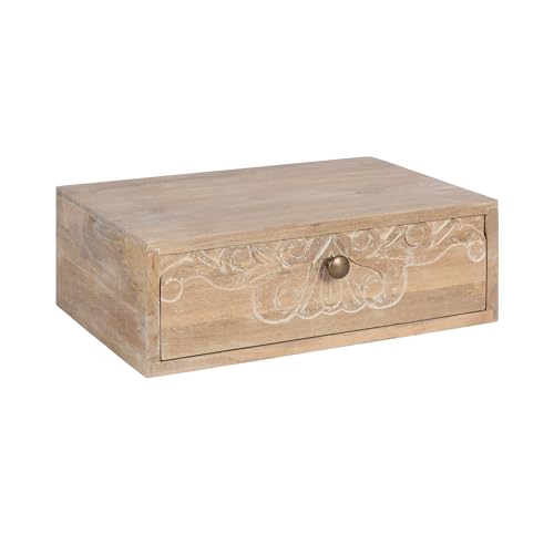 Kate and Laurel Mirza Transitional Carved Wood Floating Side Table, 18 x 12 x 6, Natural Wood, Mounted Solid Wood Wall Shelf with Drawer for Storage