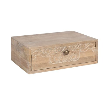 Kate and Laurel Mirza Transitional Carved Wood Floating Side Table, 18 x 12 x 6, Natural Wood, Mounted Solid Wood Wall Shelf with Drawer for Storage