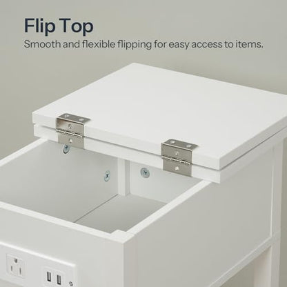 HOOBRO End Table with Charging Station, Flip Top Side Table with USB Ports, Narrow Nightstand Bedside Tables with Storage Shelves, for Small Space, Living Room, White WT141UBZ01 - color: White