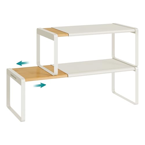 SONGMICS HOME Spice Rack, Expandable Cupboard Shelf Orgnizer,Bamboo | Kitchen Counter Shelves, Bamboo and Metal, Stackable, Natural Beige and Cream White, BYSTRO Collection UKCS051N01 - color: Light Bamboo + Cream White, size: 2 Pack