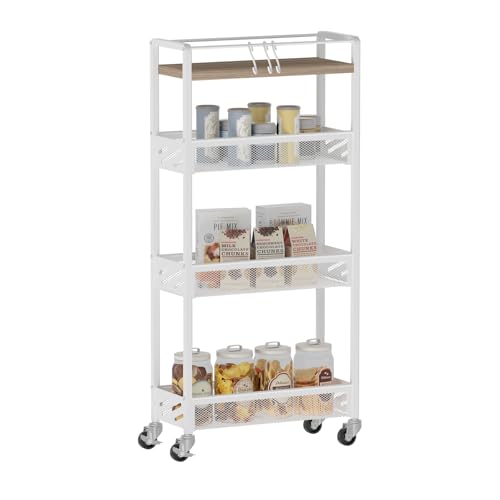 DGSNADGO Slim Rolling Storage Cart, 4-Tier Narrow Kitchen Cart with Wheels | Metal Mobile Snack Shelving, Skinny Rolling Spice Rack for Small Space in Kitchen, Living Room, Bathroom, Beige and White - color: Beige+white