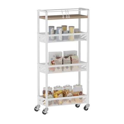 DGSNADGO Slim Rolling Storage Cart, 4-Tier Narrow Kitchen Cart with Wheels | Metal Mobile Snack Shelving, Skinny Rolling Spice Rack for Small Space in Kitchen, Living Room, Bathroom, Beige and White - color: Beige+white