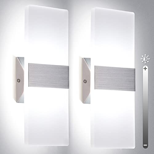 TRLIFE Modern Wall Sconces, Dimmable Wall Sconces Set of 2 Wall Mounted Lights 12W 6000K Cool White Hardwired Wall Sconce Lighting for Bedroom Bedside Living Room Stairway Hotel(2 Pack) - color: Cool White, size: Silver Brushed Aluminum