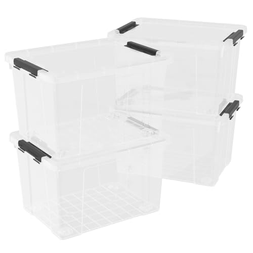 4 Pack 50 Quart Clear Plastic Storage Bins with Lids and Wheels | Large Stackable Latching Container Boxes for Clothes, Bedding, Garage Organization - size: 50 Quart
