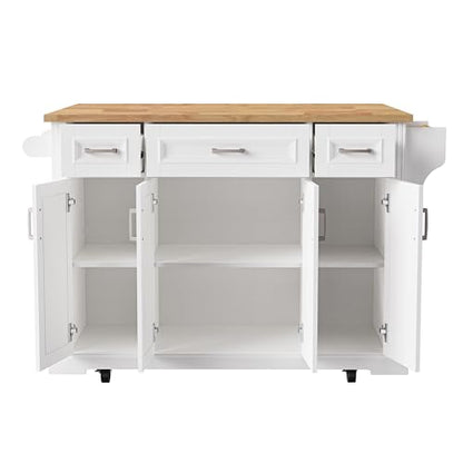 54inch Large Kitchen Island With Rubber Wood Drop Leaf,Embossed Texture Rolling Kitchen Cart On 4 Wheels With 4 Doors And 3 Drawers,Kitchen Island With Storage For Kitchen,Dining Room (White-0t) - color: White-0t)