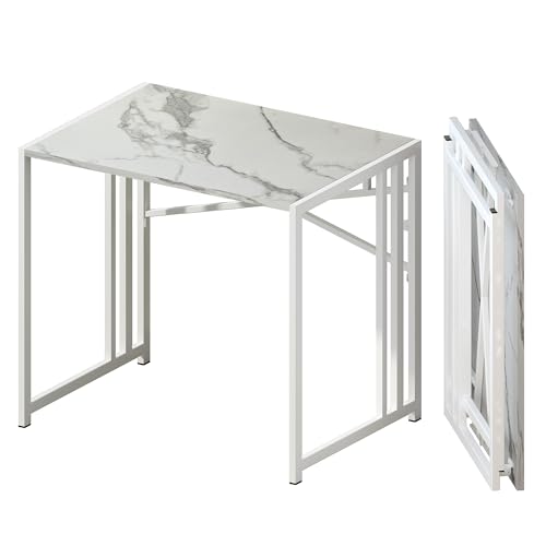 Lutown-Teen 32 inch Folding Small Desk, White Marble | Writing Gaming Computer Camping Desk for Small Spaces, No Assembly Required Home Office Desk - color: White Marble, size: 32 Inch