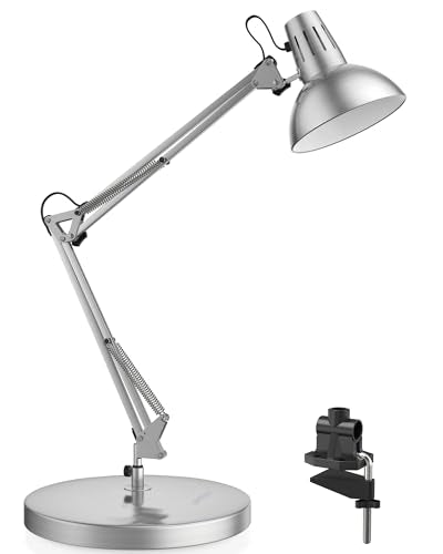 LEPOWER Metal Adjustable Desk Lamp with Clamp, Swing Arm for Home Office | Gooseneck, Architect Style, Eye-Caring Table Lamp, On/Off Switch, E26 Base, Reading for Dorm, Bedroom, Study, Back to School - color: Silver