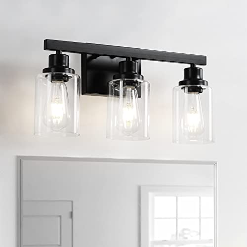 3-Light Bathroom Light Fixtures, Black Bathroom Vanity Light with Clear Glass Shade, Modern Bathroom Wall Lights Over Mirror, Farmhouse Wall Sconces Lighting for Bedroom LivingRoom - color: Black, size: 3-light