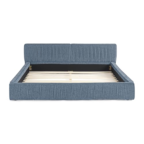 Queen Size Upholstered Bed Frame, Modern Grounded Bed with Solid Wood Slats, Pleated Headboard, Sturdy Construction, No Box Spring Needed, Grey (Blue, Queen) - color: Blue