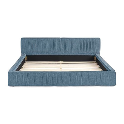 Queen Size Upholstered Bed Frame, Modern Grounded Bed with Solid Wood Slats, Pleated Headboard, Sturdy Construction, No Box Spring Needed, Grey (Blue, Queen) - color: Blue