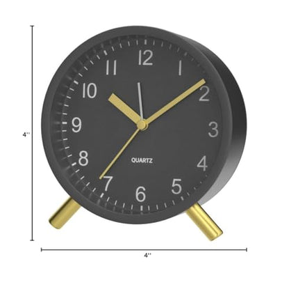JALL Analog Alarm Clock, 4 inch Super Silent Non Ticking Small Clock with Night Light, Battery Operated, Simple Design, Easy Setting for Office, Bedroom, Bedside, Desk, Teens, Elders, Adult, Black - color: Black+gold