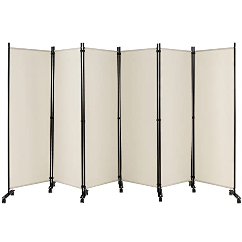 GOFLAME 6 Panel Folding Room Divider, 6FT Rolling Privacy Screen with Lockable Wheels, Portable Room Partition Screen, Freestanding Wall Divider and Separator for Home Office, White - color: White, size: 6-Panel