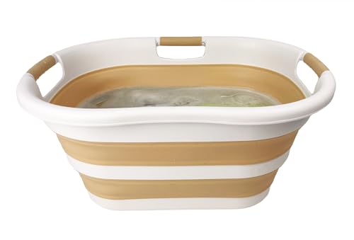 SAMMART 40L (10.5 gallon) Collapsible Plastic Laundry Hamper - Foldable Pop Up Storage Container/Organizer - Portable Washing Tub - Space Saving Basket (1, White/Beige) - color: White/Beige
