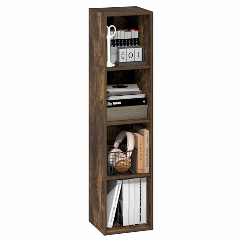 Furinno Fulda Book Shelf, 4-Tier Narrow Bookshelf, Standing Bookcase with 10-in Width Storage Shelf, 9.3 x 9.8 x 41.6, for Organization and Storage, for Living Room, Bedroom, Home Office, Amber Pine - color: Amber Pine, size: 4-Tier, 10W