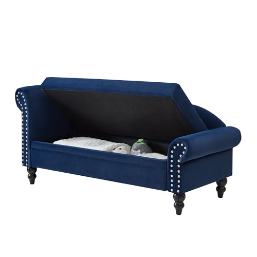 ERYE Velvet Upholstered Right Facing Chaise Lounge Chair, Blue Chaise Lounge Storage W/Nailhead Trim, Wood Legs, Classic Recliner Lounger Accent Sofa for Living Room Bedroom - color: Navy Blue/R